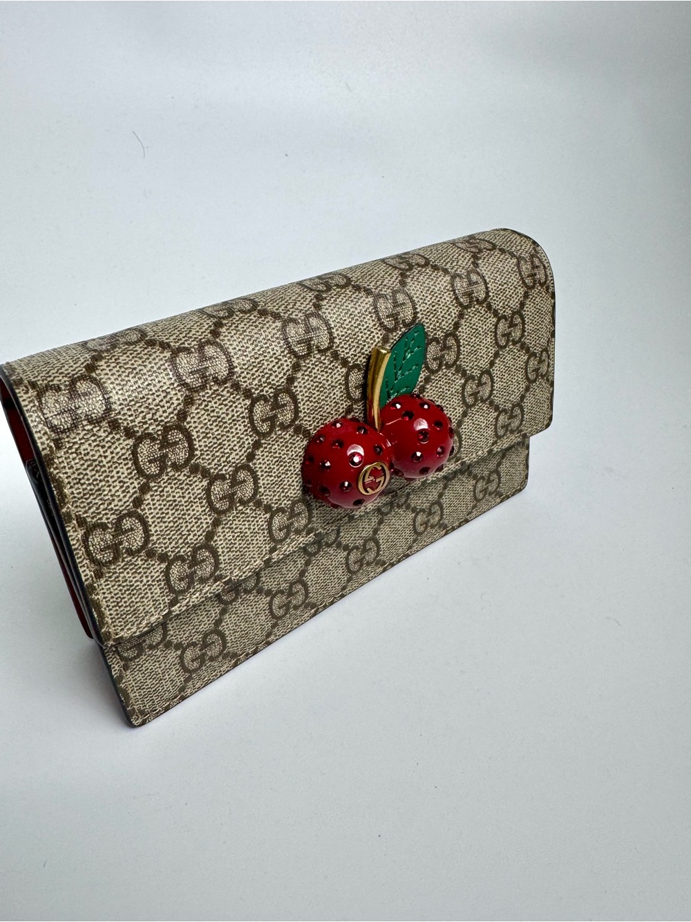 Gucci Beige GG Supreme Monogram Wallet with Red Cherry